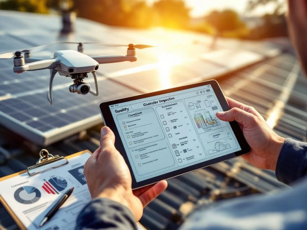Inspecteur zonnepanelen bekijkt installatie op het dak met tablet terwijl drone gegevens vastlegt. Aansluitdozen en bedrading onder kwaliteitscontrole.