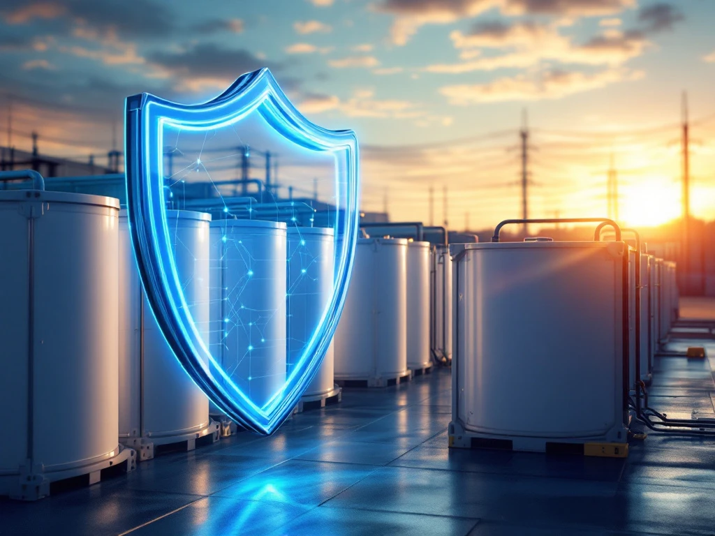 Commerciële opslagfaciliteit voor energie uit batterijen met witte cilindrische containers en een blauw beschermend schild.