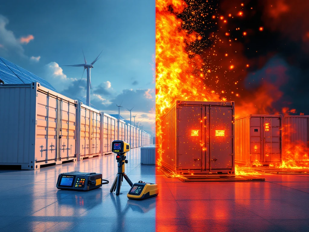 Split-screen batterij-energieopslagfaciliteit: normale witte containers met zonnepanelen versus thermische runaway-warmtesignaturen met inspectieapparatuur op de voorgrond.
