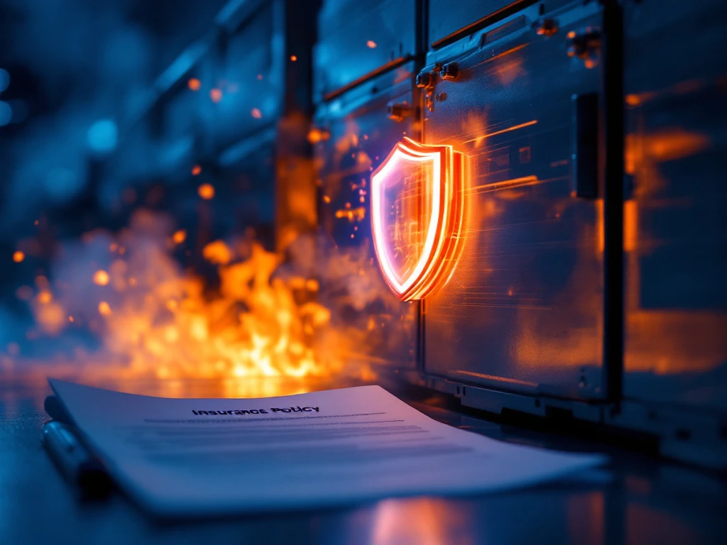 Industriële batterij-opslag met vlammen en rook naast verzekeringspolisdocument met beschermende schild pictogram overlay