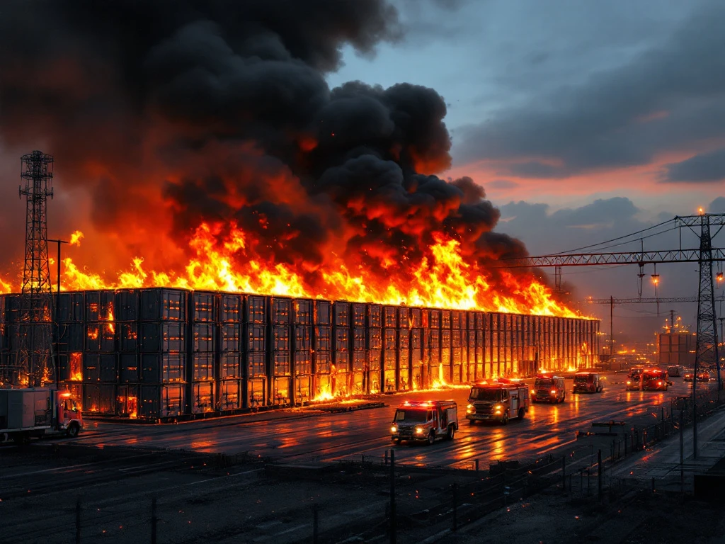 Brand in een industriële batterijopslagplaats met oranje vlammen, zwarte rook en hulpverleningsvoertuigen in de schemering.