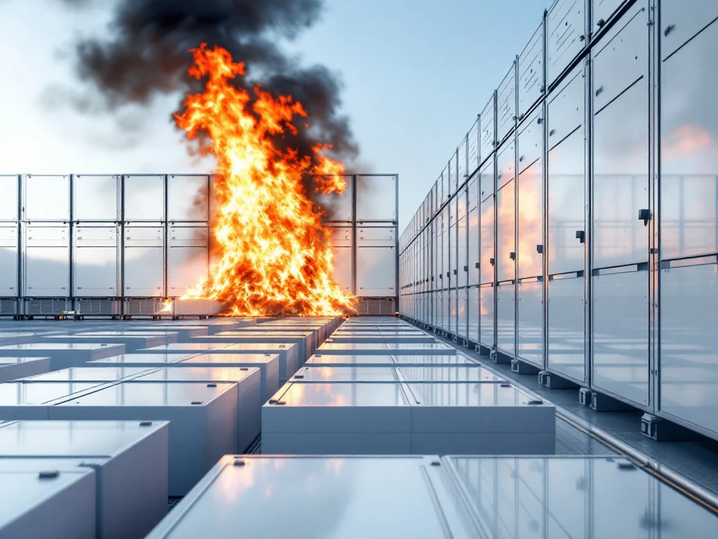 Batterijopslagfaciliteit met witte industriële units in rijen, vlammen komen uit achtergronddeel, beschermende glazen barrière op voorgrond