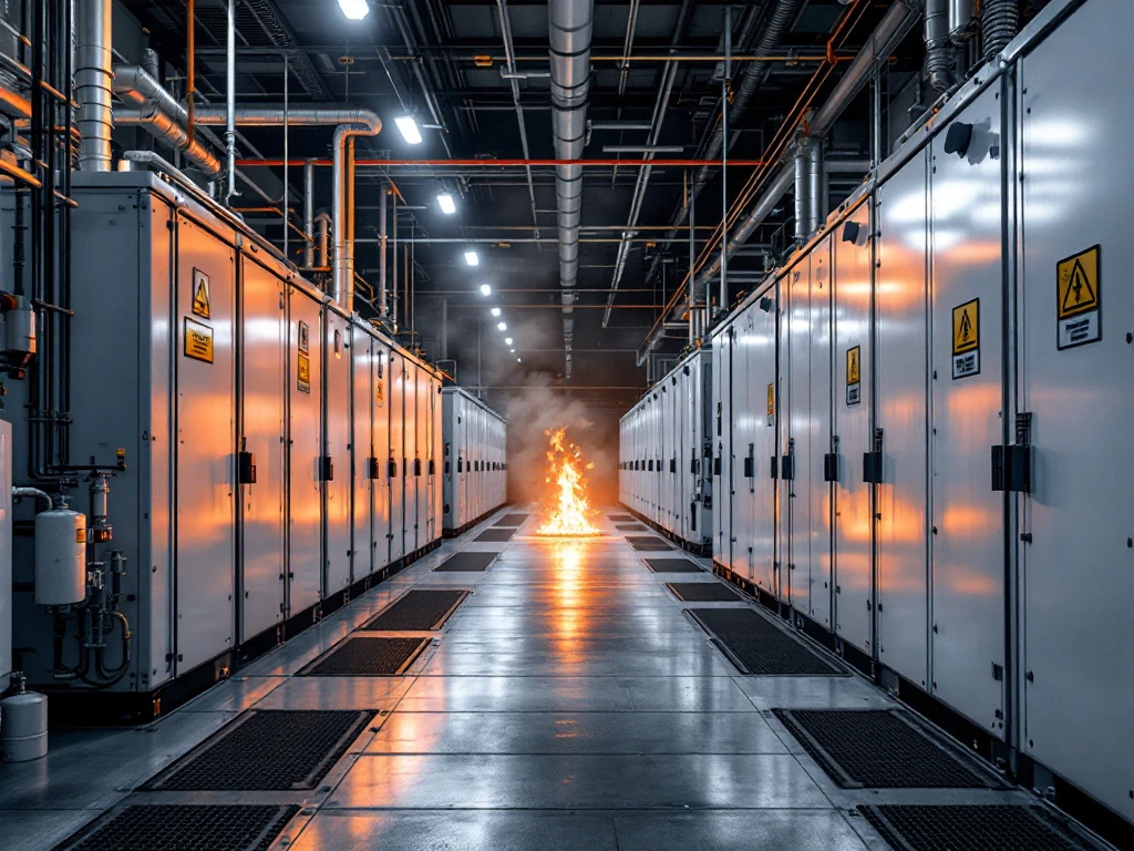 Opslagfaciliteit voor industriële batterijen met witte cilindervormige eenheden in rijen, één eenheid vertoont gecontroleerde brand met vlammen en rook.