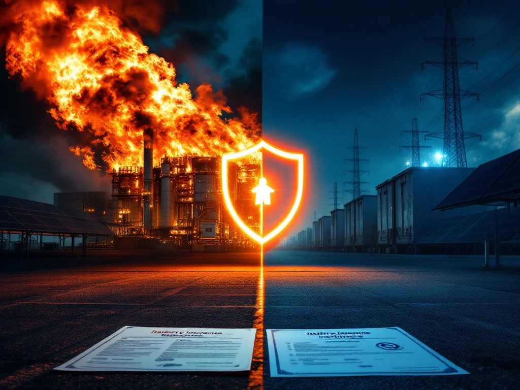 Opsplitsing van een industriële batterijopslagplaats: brandende batterijen met vlammen en rook tegenover beschermde eenheden onder een veiligheidsscherm, verzekeringsdocumenten op de voorgrond.