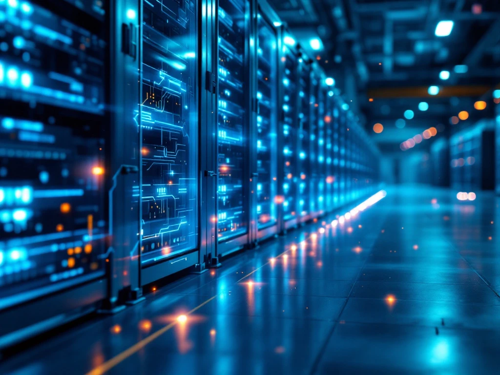 Industriële batterijopslagfaciliteit met metalen eenheden in rijen onder blauwe LED-verlichting en digitale schildoverlay