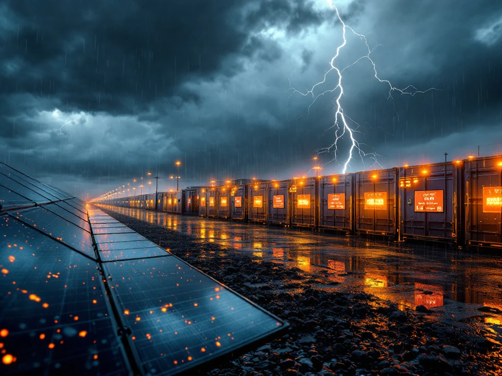 Industriële batterijopslagfaciliteit tijdens onweer met bliksem, in de regen gedrenkte zonnepanelen en thermische warmtebewakingsdisplays.