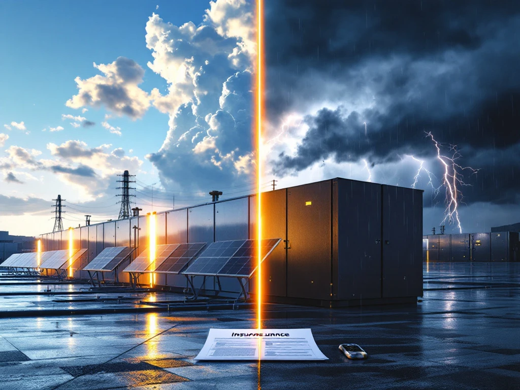 Splitscreen voor industriële batterijopslag: zonnige omstandigheden met zonnepanelen links, zware storm met bliksem rechts.