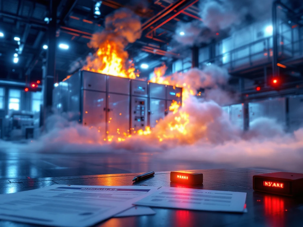 Brand in opslagplaats voor industriële batterijen met geactiveerde sprinklers en veiligheidsbarrières, verzekeringsdocumenten op bureau op voorgrond
