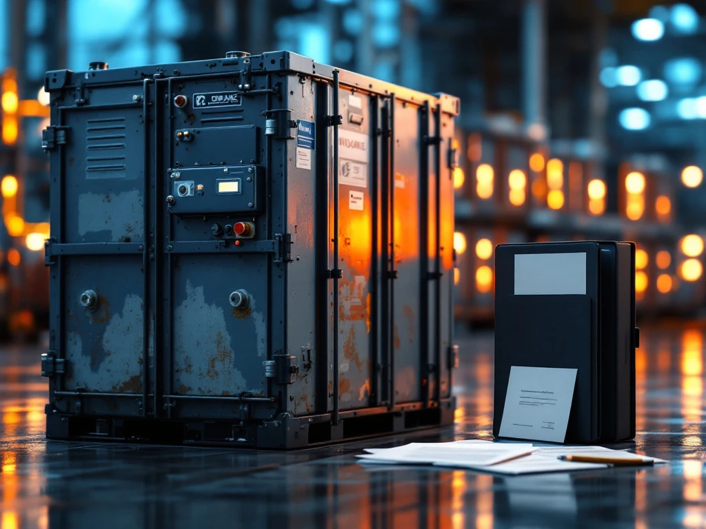 Industriële batterijopslag met verweerde toestand naast nieuwe batterijcellen met verzekeringsdocumenten voor beoordeling van energie-infrastructuur.