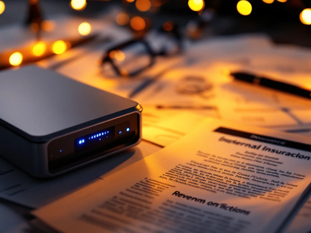 Moderne batterijopslag met blauwe LED-indicatoren naast de verzekeringsdocumenten en een digitaal tablet met verlengingsmeldingen.