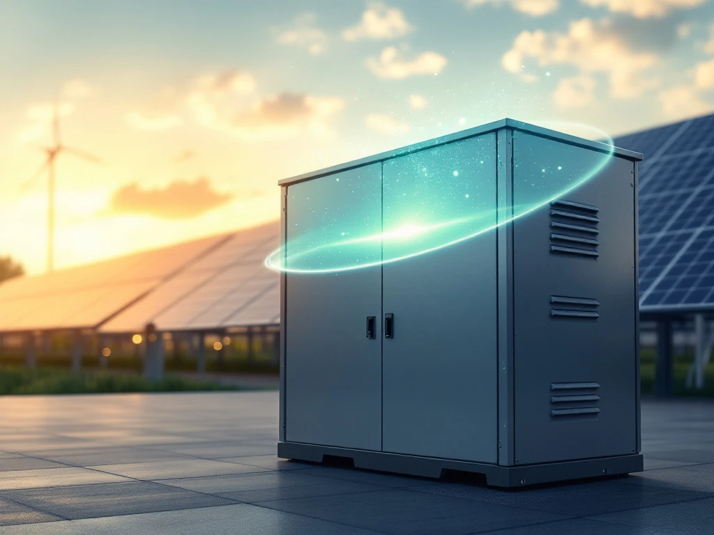 Industriële accu-opslag met beschermend schild en zonnepanelen op achtergrond onder gouden zonlicht.