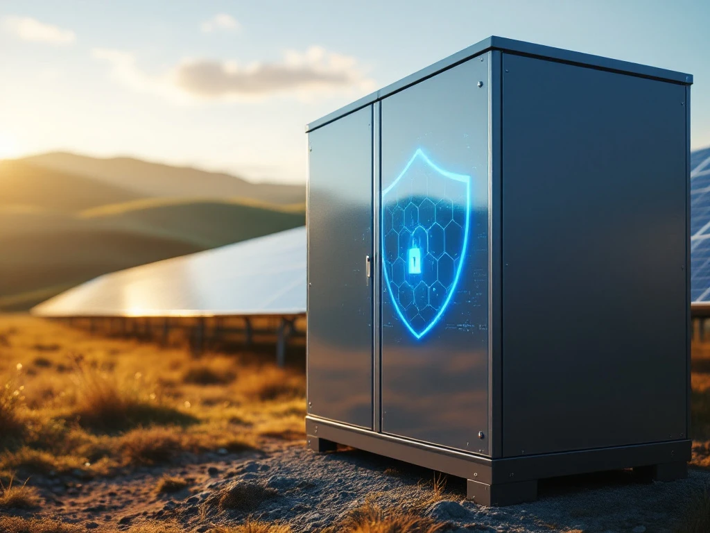 Industriële accu-opslag met digitaal veiligheidsschild en zonnepanelen op heuvels bij gouden uur