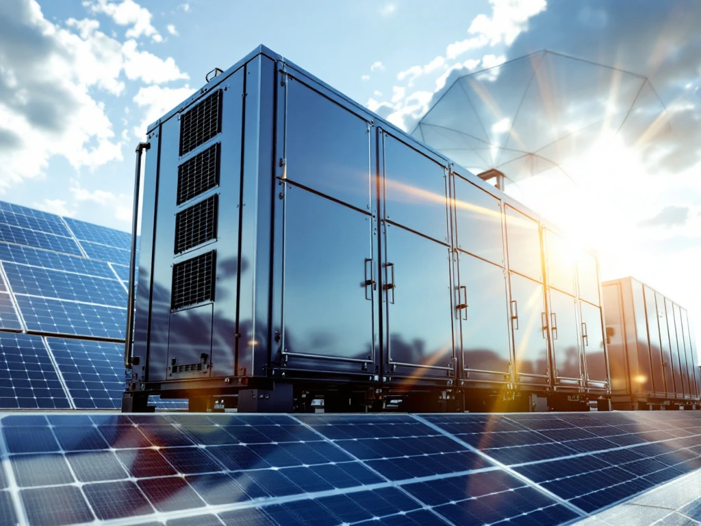 Industriële accu-opslag met metalen behuizing op zonne-installatie onder beschermende koepel met zonnepanelen op achtergrond