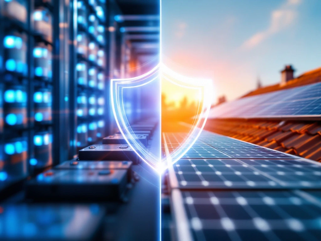 Gedeeltelijk scherm met modern batterijopslagsysteem met blauwe LED-indicatoren en zonnepanelen op het dak met beschermende afdekking