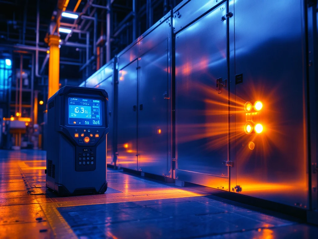 Industriële batterijopslag met warmtebeeldsensor en digitaal inspectieapparaat tijdens de brandveiligheidsbeoordeling.