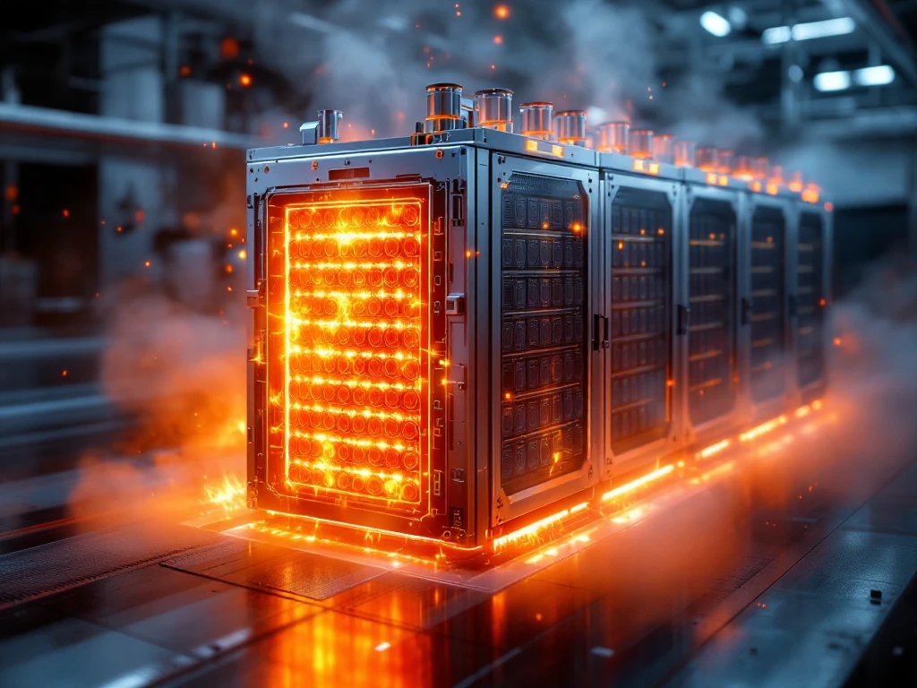 Doorsnede van batterij-energieopslagsysteem met thermische runaway met gloeiend oranje module en rook in industriële installatie