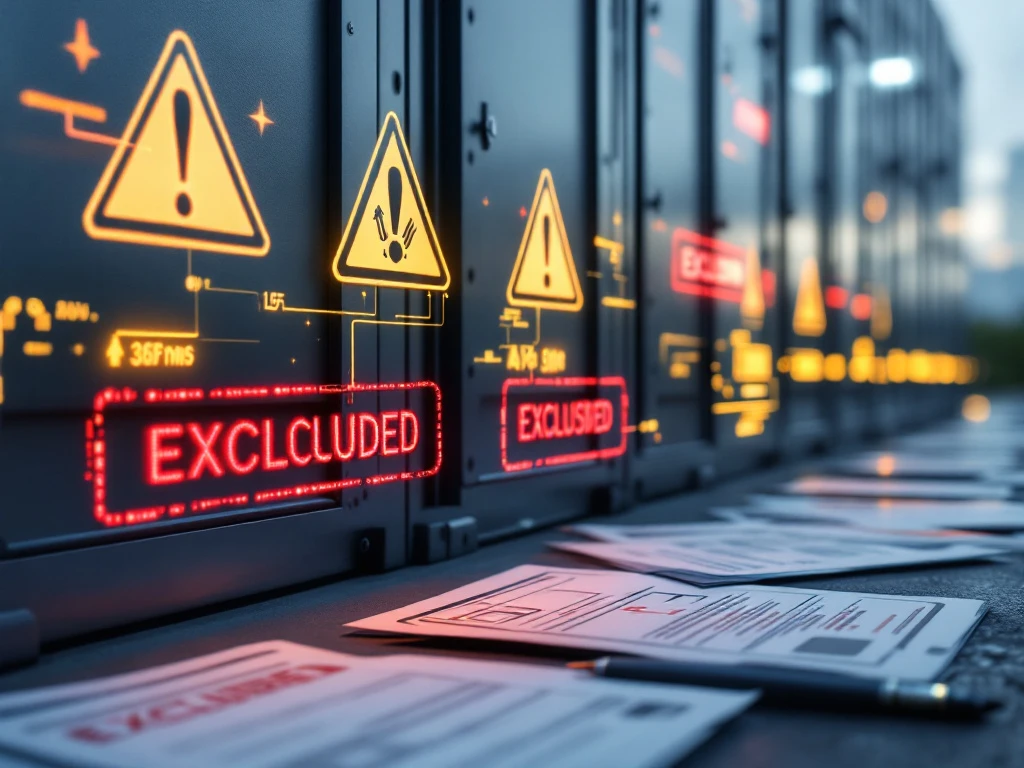 Industriële batterijopslag met holografische waarschuwingssymbolen en verspreide verzekeringsdocumenten met de vermelding "UITGESLOTEN"."