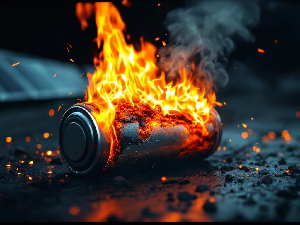 Opgezwollen lithium-ion batterij met thermische schade die in vlammen uitbarst op industrieel oppervlak met vonken en rook