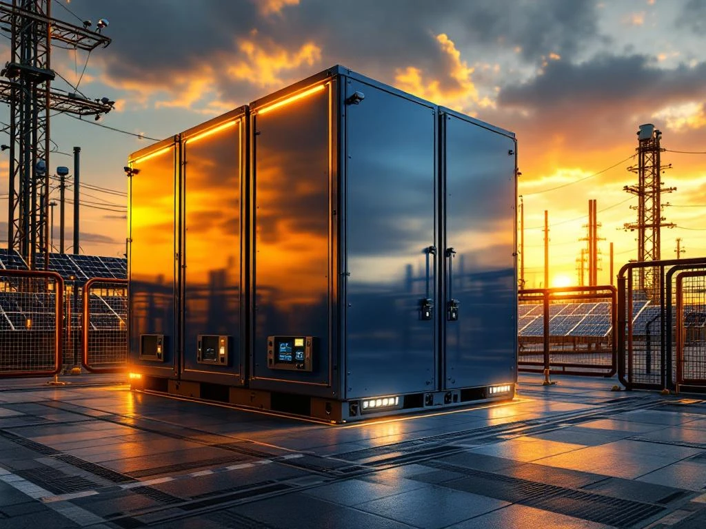 Industrieel energieopslagsysteem op batterijen met beveiligingscamera's, toegangspanelen en zonnepanelen op de achtergrond