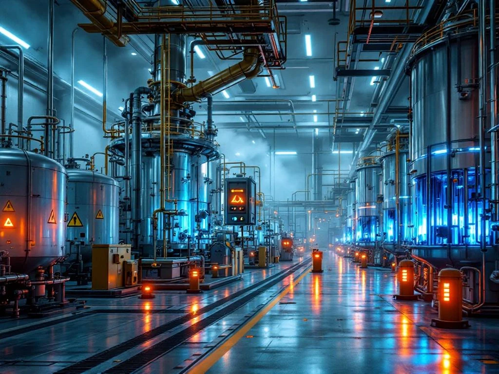 Moderne groene waterstofproductiefaciliteit met stalen elektrolyseapparatuur, veiligheidsbarrières, waarschuwingslichten en tanks onder druk.