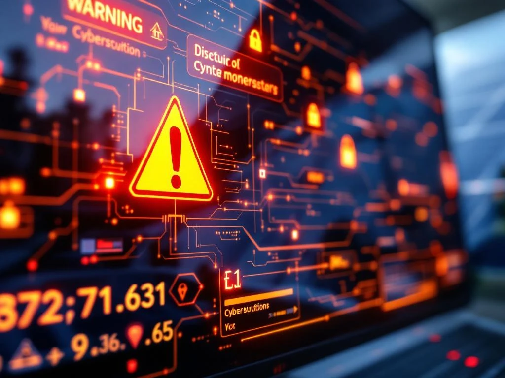 Scherm voor bewaking van zonne-energie met rode waarschuwingen voor inbreuken op de beveiliging en cyberbeveiligingswaarschuwingen, zonnepanelen zichtbaar op de achtergrond
