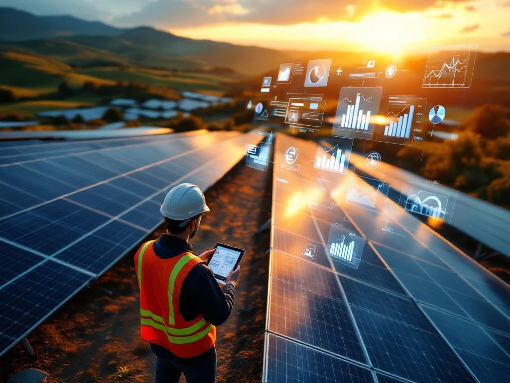 Professionele inspecteur met tablet voert due diligence-analyse uit bij modern zonnepark met zonnepanelen op heuvels.
