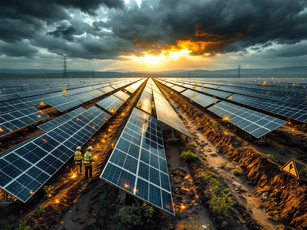 Luchtfoto van het zonnepark met onderhoudsmedewerkers in veiligheidsuitrusting die schade aan panelen, elektrische risico's en erosierisico's aanpakken.