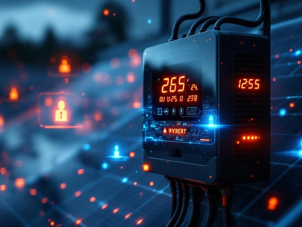 Omvormer voor zonne-energie met rode waarschuwingslampjes en digitale beveiligingswaarschuwingen, donkere kabels, zonnepanelen op achtergrond