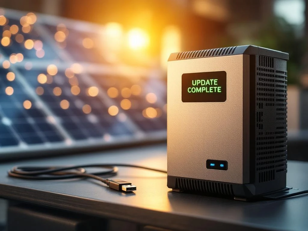 Omvormer voor zonne-energie toont "UPDATE COMPLETE" in groene tekst op werkbank met aangesloten USB-kabel en zonnepanelen op de achtergrond