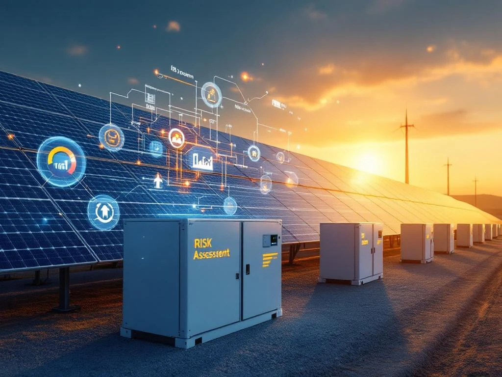 Modern zonnepanelensysteem met witte accu-opslagunits en digitale overlay voor risicobeoordeling tijdens de gouden-uur-verlichting.