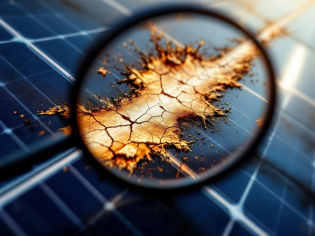 Beschadigde zonnepanelen met zichtbare scheuren en brandplekken naast ongerepte panelen, met inspectie-instrument voor kwaliteitsbeoordeling.