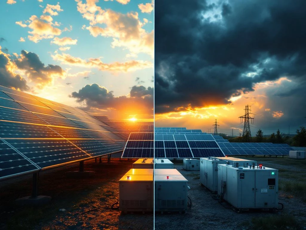 Moderne hybride zonnepaneelinstallatie met accu-opslagunits getoond in split-screen onder zonnige en stormachtige omstandigheden.