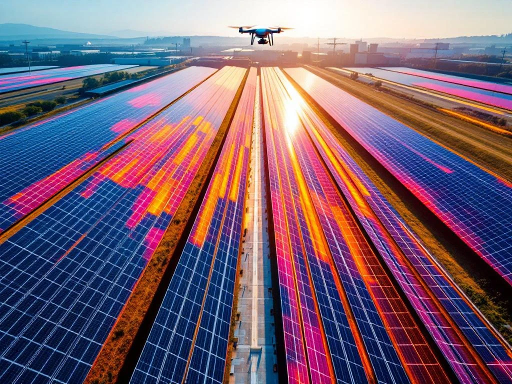 Thermische beelden vanuit de lucht van een zonnepaneelinstallatie met oranje en rode warmtesignaturen, terwijl een drone duurzame energie inspecteert