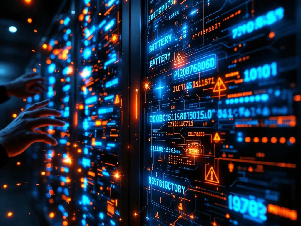 Industriële batterijopslag met blauwe LED-indicatoren, holografische code en hacker-silhouetten die zich naar het systeem uitstrekken