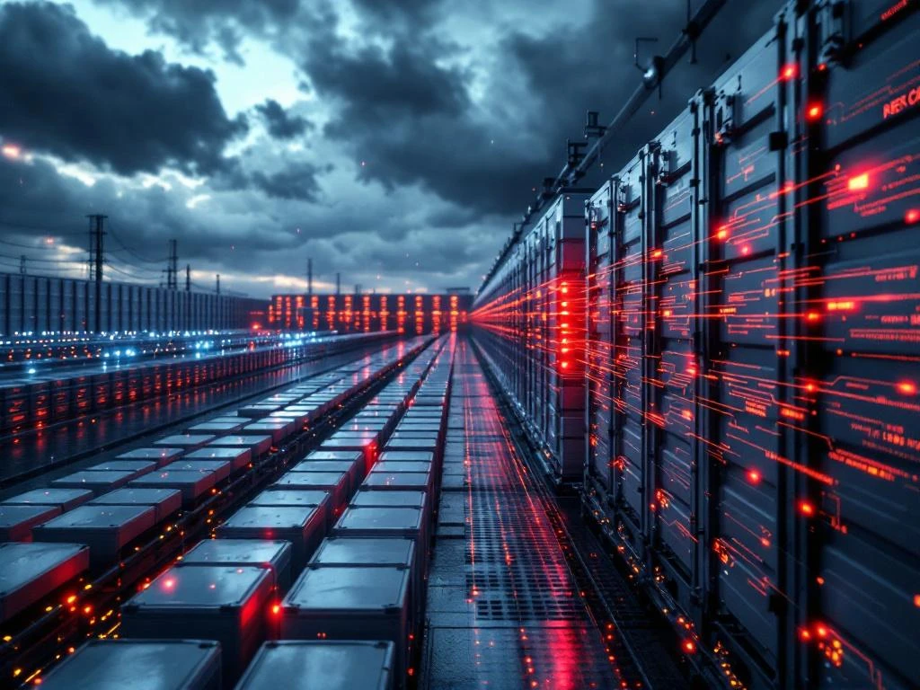 Industriële batterijopslagfaciliteit met witte containers, rode waarschuwingslichten en digitale beveiligingswaarschuwingen onder een stormachtige hemel.