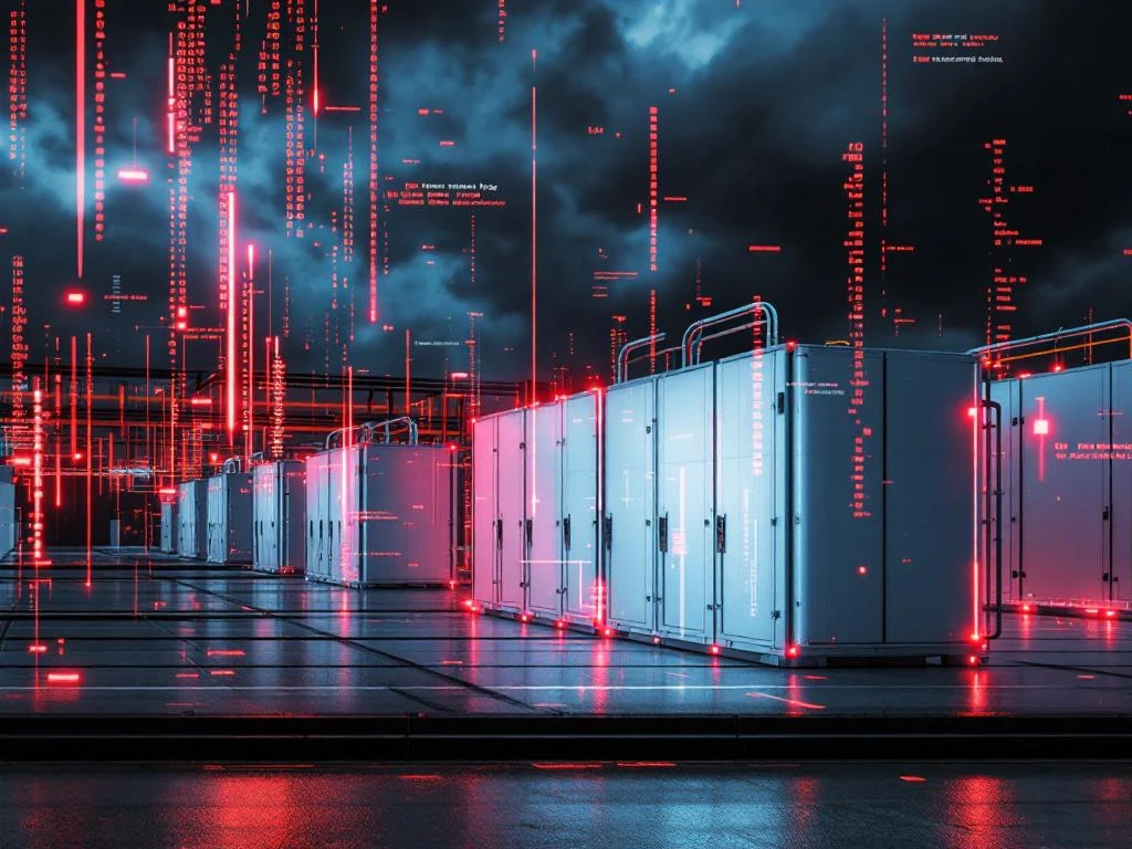 Energieopslagfaciliteit voor industriële batterijen met rode waarschuwingslampjes en digitale glitch-effecten die wijzen op cyberbeveiligingsrisico's.