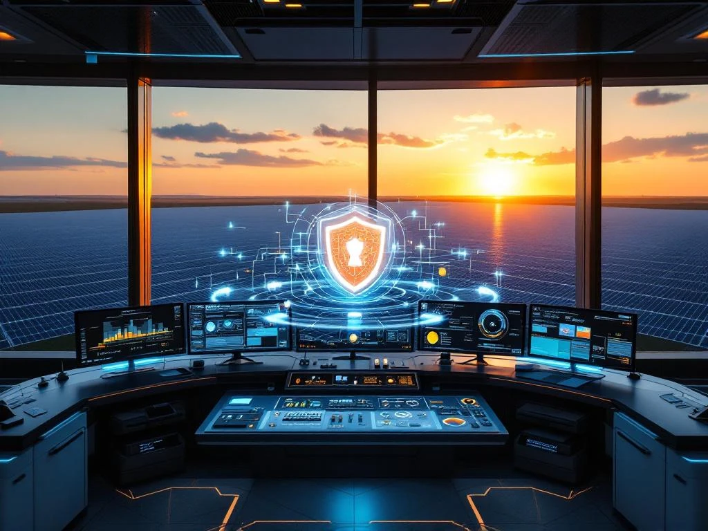 Cyberbeveiligingscommandocentrum met meerdere monitoren die netwerkdashboards weergeven, uitkijkend over een zonnepark bij zonsondergang.