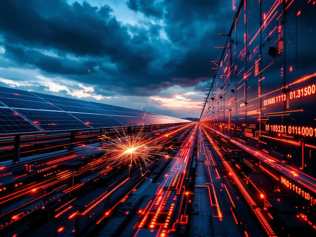 Industriële energieopslagfaciliteit met zonnepanelen onder onweerswolken, overlegd met rode digitale code die cyberdreigingen vertegenwoordigt.
