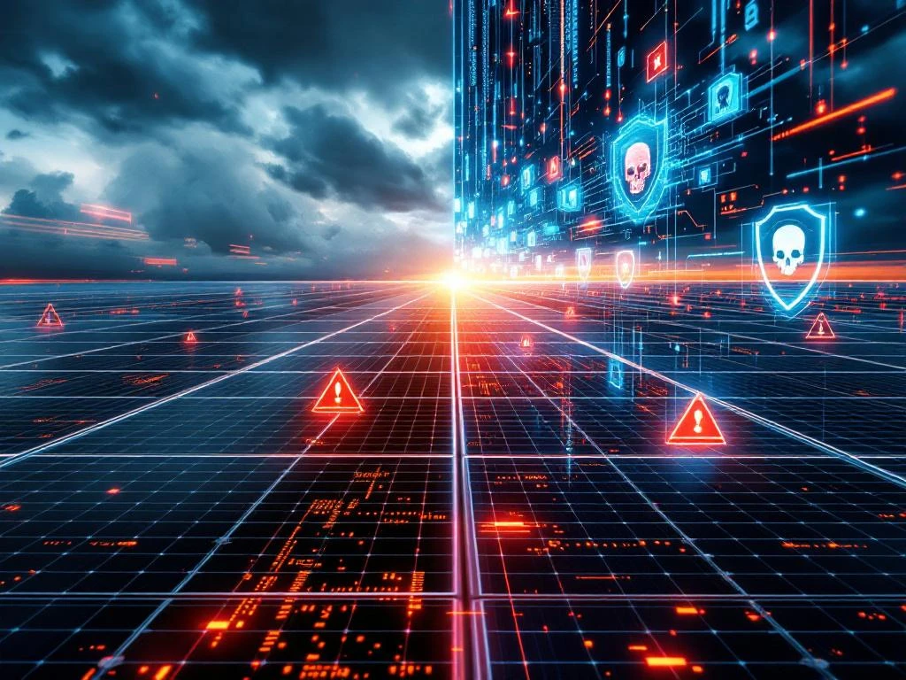Gedeeltelijk scherm van een zonnepanelenpark dat bedreigingen voor cyberbeveiliging laat zien met digitale overlays, waarschuwingsindicatoren en gloeiende circuitpatronen.