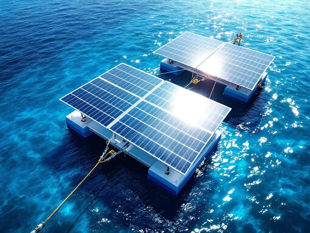 Luchtfoto van drijvende zonnepanelen op blauw water met zichtbare verankeringskabels en kettingen onder water
