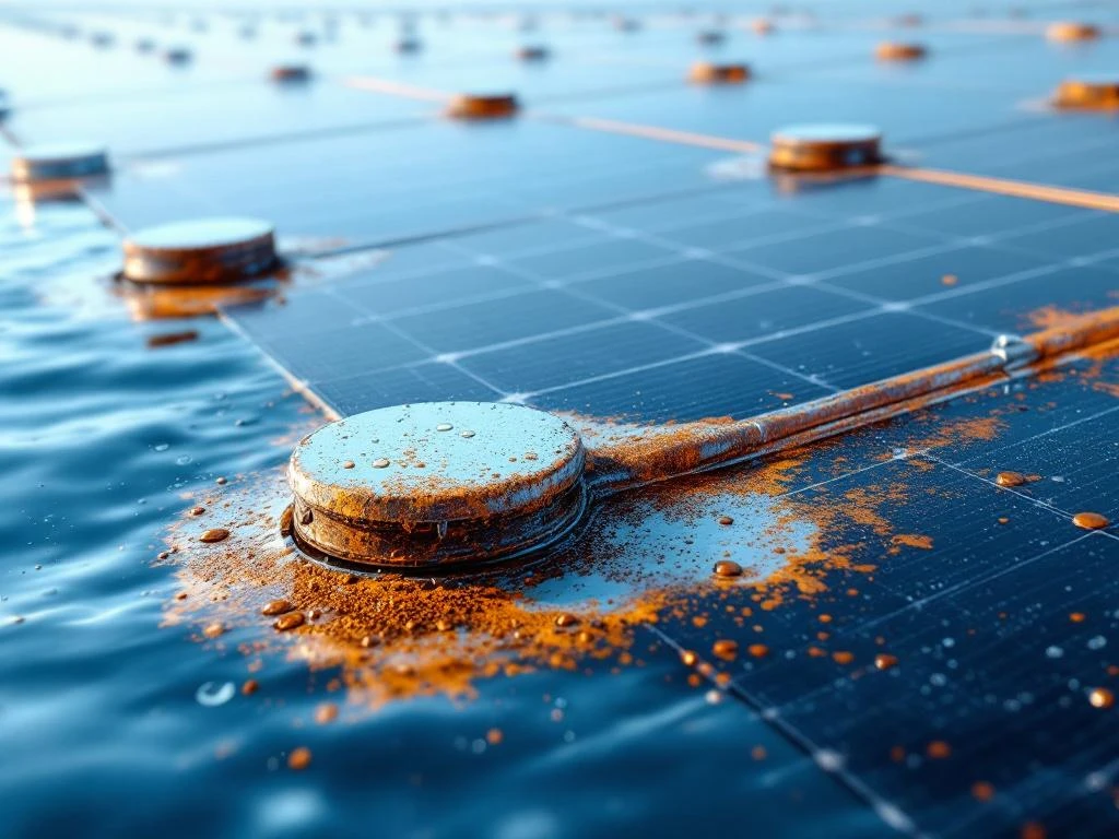 Zonnepanelen op het water met roestcorrosieschade, met verweerde frames en gave panelen op de achtergrond.