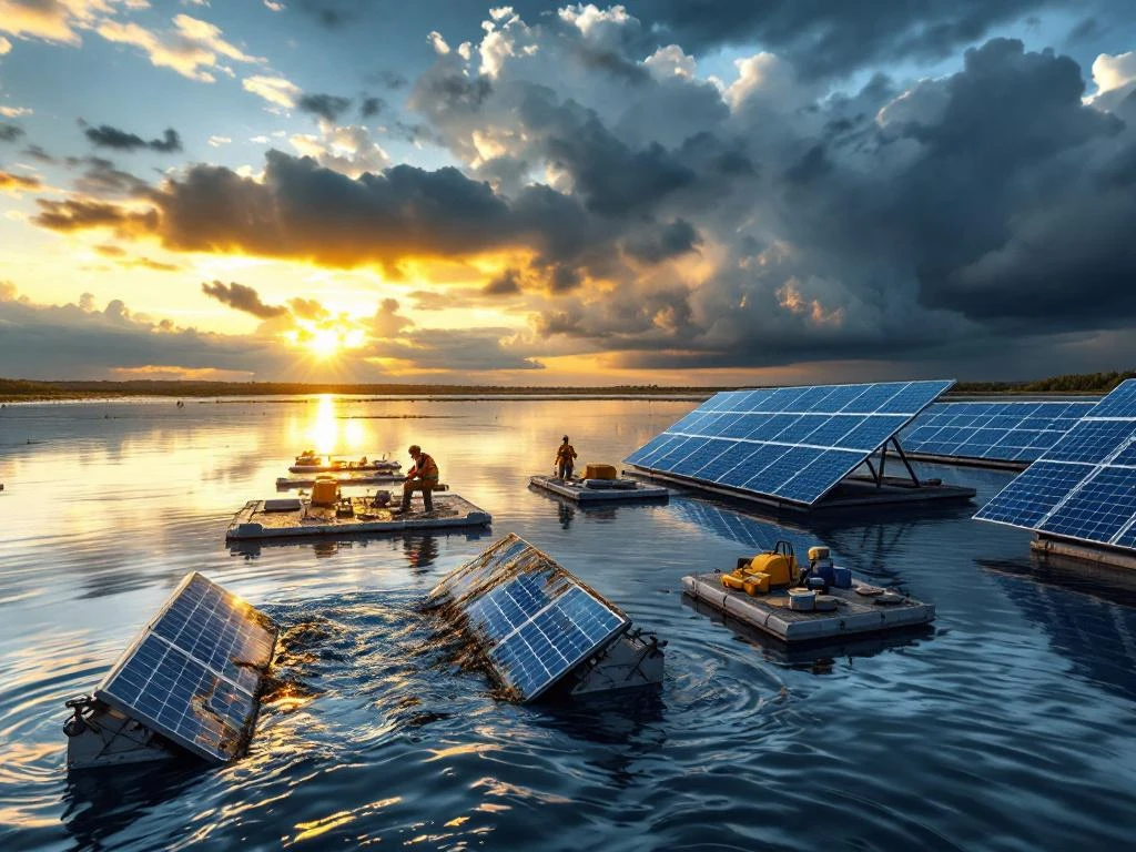 Drijvende zonnepanelen op meer met onderhoudsproblemen: beschadigd paneel onder water, gecorrodeerde hardware en naderende stormwolken.
