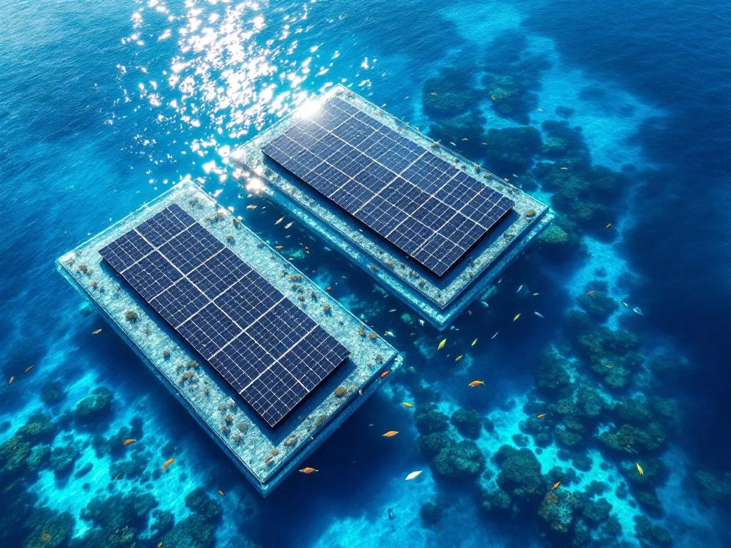 Luchtfoto van drijvende zonnepanelen op helder blauw water met kleurrijke vissen en koraal zichtbaar onder de installatie.