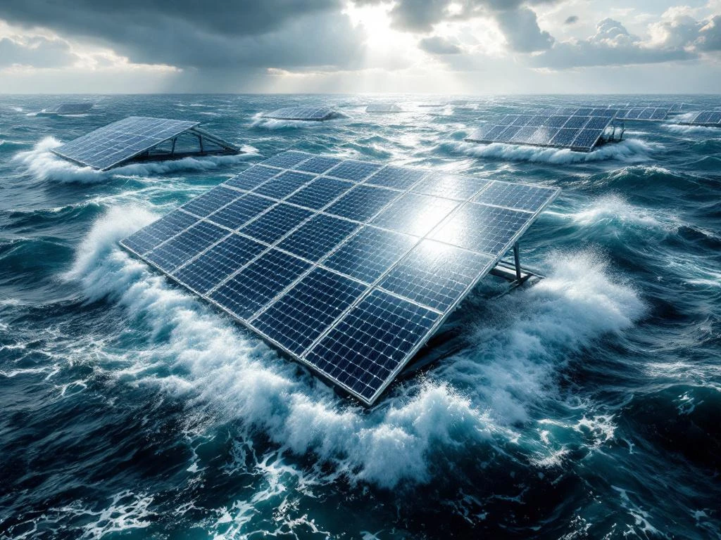 Zwevende zonnepanelen op oceaan golven met dramatisch zonlicht dat door onweerswolken breekt, tonen maritieme hernieuwbare energietechnologie.