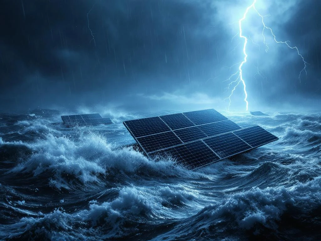 Drijvende zonnepanelen vechten tegen hevige storm met enorme golven, bliksem en regen boven donker kolkend water.