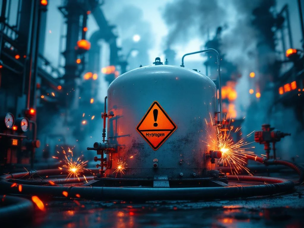 Opslagtank voor waterstof met dampsporen en waarschuwingssymbolen omringd door industriële veiligheidsapparatuur en bewakingsapparatuur.