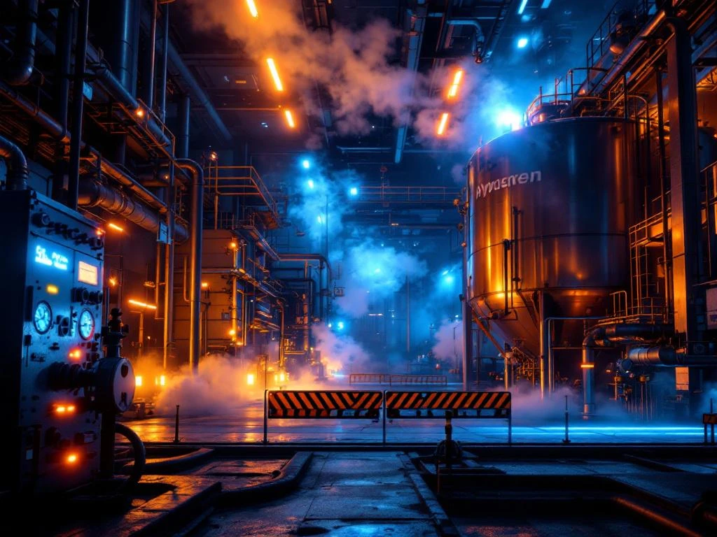 Industriële waterstofopslagtank met waarschuwingssymbolen en veiligheidsuitrusting, dramatische oranje verlichting die gasdampen en gevaren benadrukt.