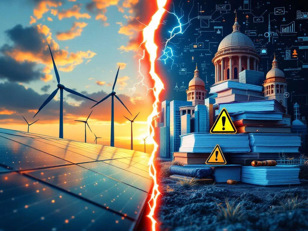 Split-screen met zonnepanelen en windturbines links, gestapelde juridische documenten en overheidsgebouwen rechts, verdeeld door een bliksemschicht die de reguleringsuitdagingen voor hybride energieprojecten weergeeft.