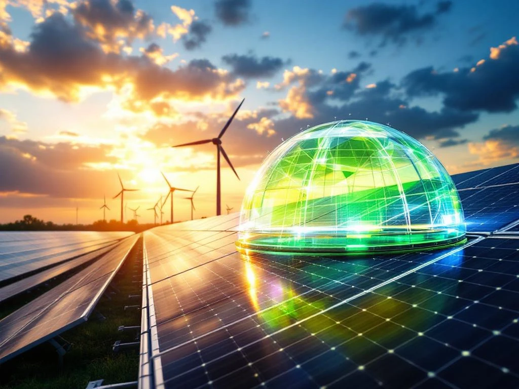 Zonnepanelen en windturbines beschermd door doorschijnend koepelschild tijdens het gouden uur, symbool voor de verzekering van hernieuwbare energie.