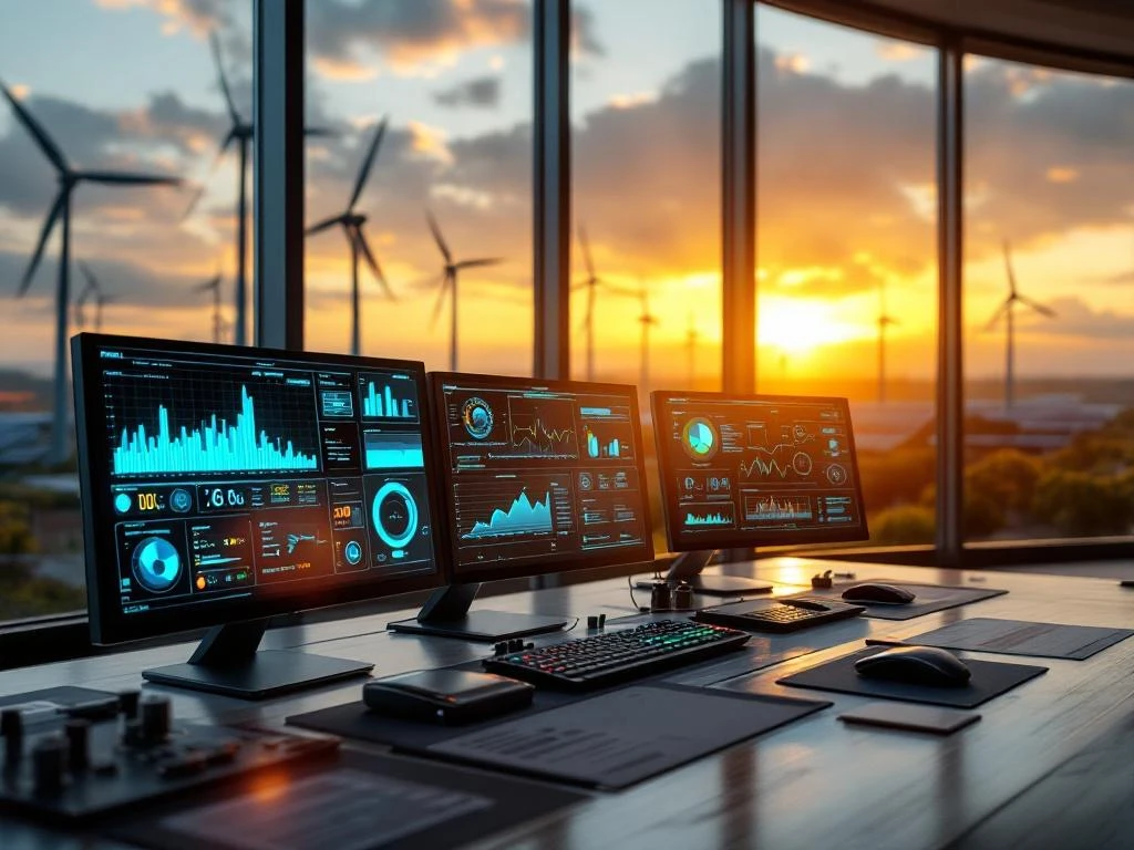 Modern controlestation voor hernieuwbare energie met digitale displays die realtime gegevens tonen, zonnepanelen en windturbines buiten zichtbaar.